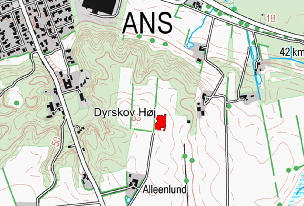 Udgravningen er på kortet markeret rødt (baggrundskort GST)